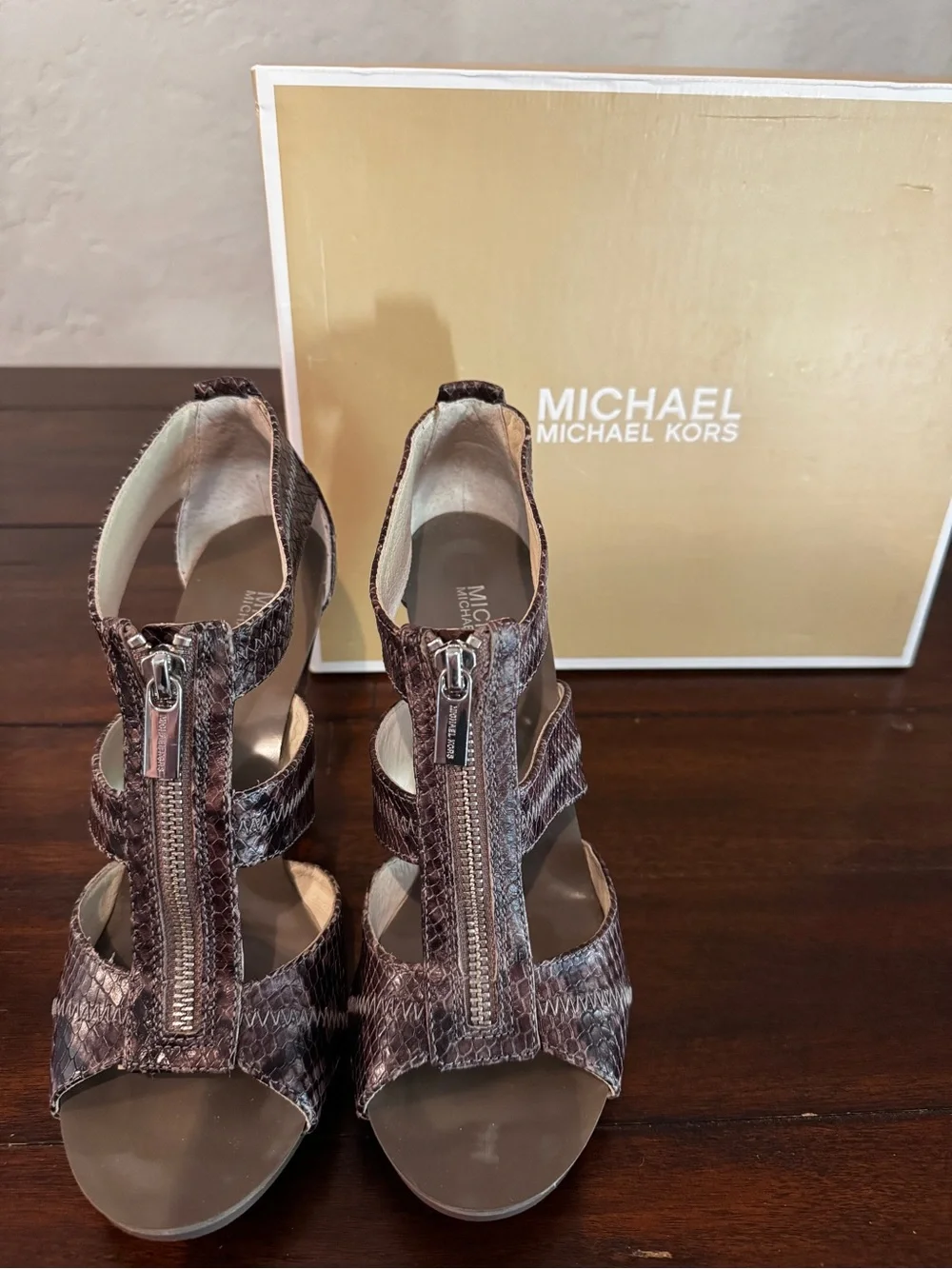 Michael Kors Brown Snake-Print T-Strap Heels with Zipper Front and Box Size 9.5